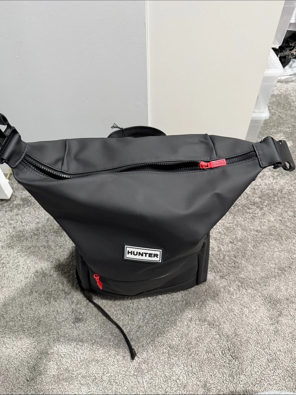Hunter Black Roll-Top Backpack with Red Accents